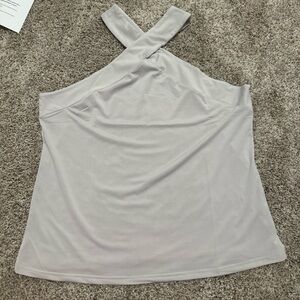 Halter, crisscrossed neck purple/grey/khaki color blouse.